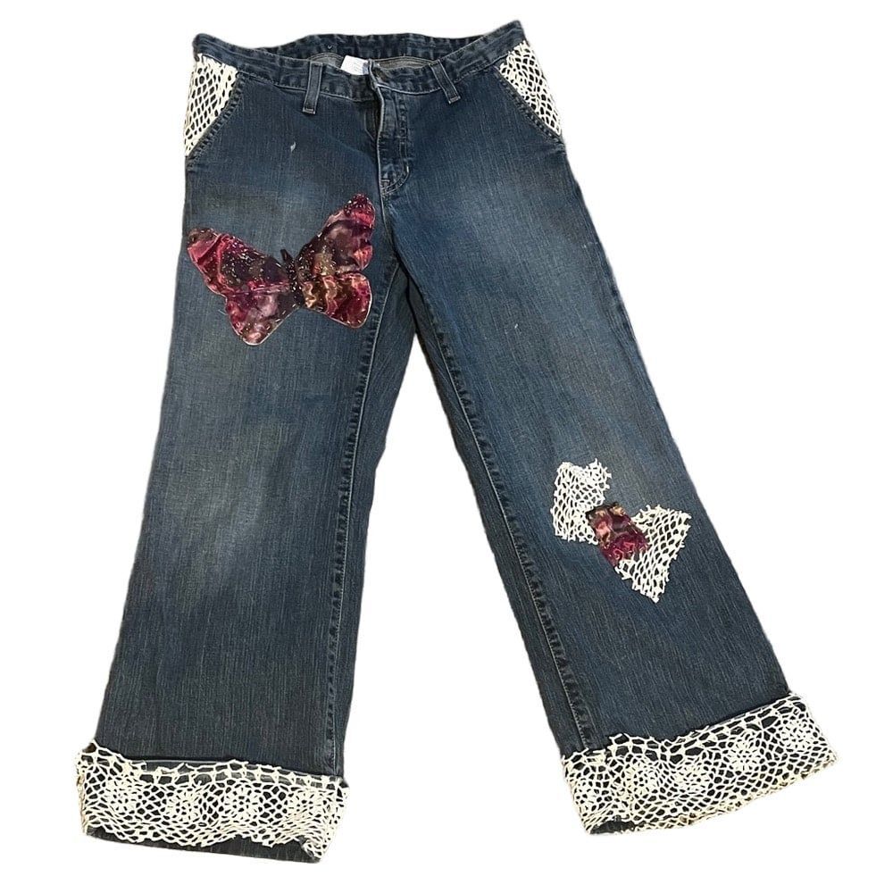 Upcycled Womens Jeans Size 4 Butterfly Patch Crochet Hem Flare Denim